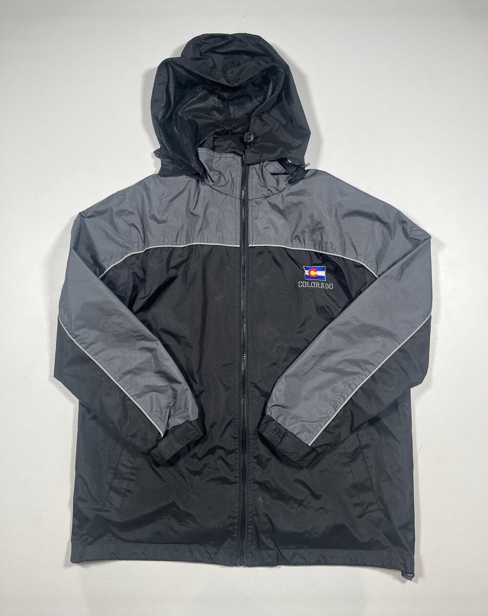 Dimco Apparel Jacket Mens Medium Black Gray Hooded Windbreaker Colorado Flag